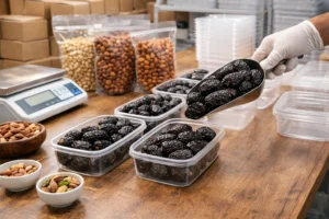 Clean packing area with Ajwa dates